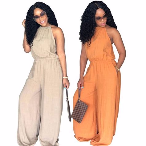 buy solid color long jumpsuits casual fashion woman o neck sleeveless elastic