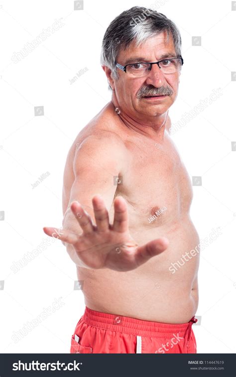 Worried Shirtless Senior Man Gesturing Stop Stock Photo