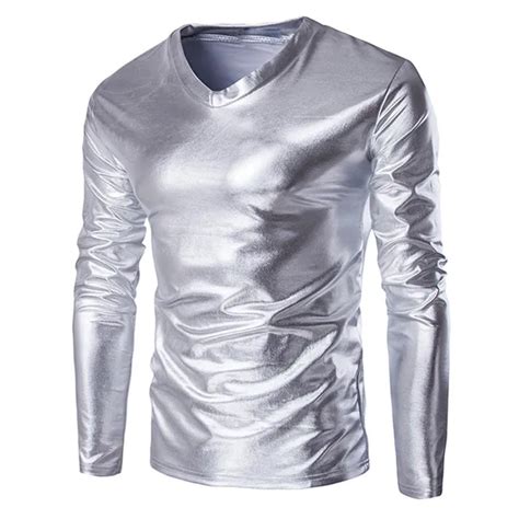 Shiny Silver Metallic T Shirt Men 2019 Autumn Long Sleeve O Neck Mens T