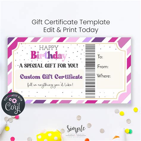 Printable Happy Birthday Voucher Template Purple Pink And Etsy