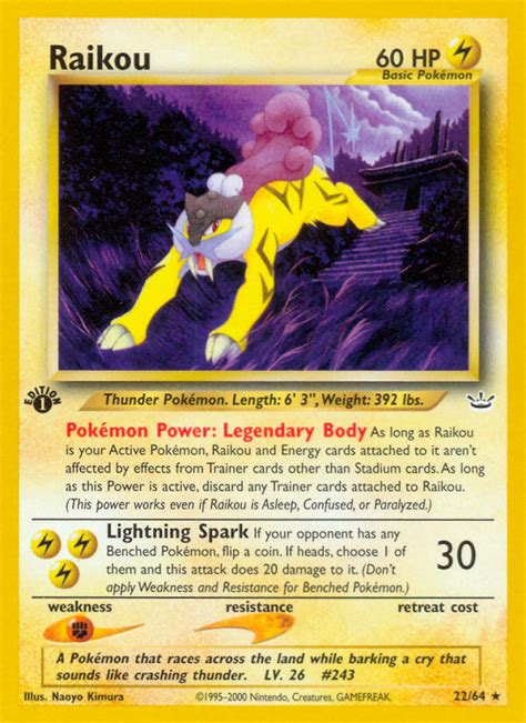 Raikou is an electric type pokémon introduced in generation 2. Raikou 22/64 - Neo Revelation - Neo Genesis - Pokemon Trading Card Game - PokeMasters