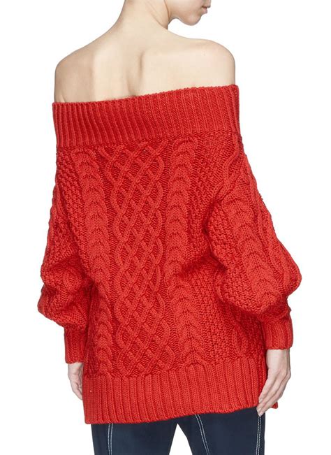 Self Portrait Oversized Off Shoulder Cable Knit Sweater In Red Lyst