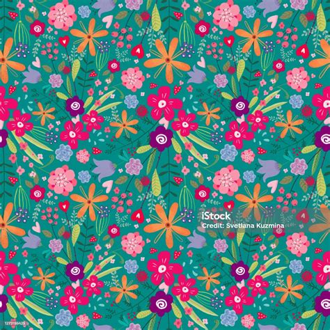 Cute Floral Pattern With Multicolored Daisies On Turquoise Background