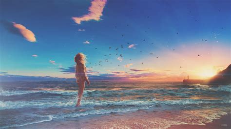 Desktop Wallpaper Girl At Beach Sunset Anime Hd Image Picture