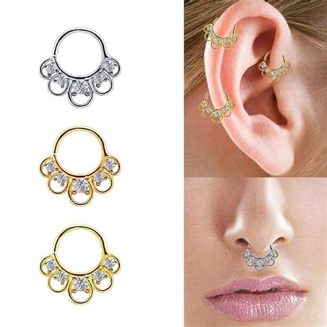 Fashion Septum Clicker Jewelry Nose Rings Multi Use Cartilage Earrings Cubic Zircon Silver Rose