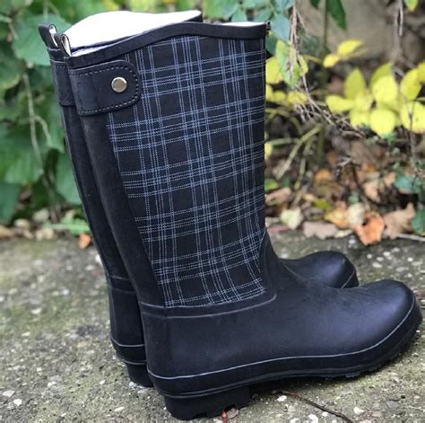 Ladies Womens Wellies Black Checked Festival Rain Waterproof Wellington Boots Ebay