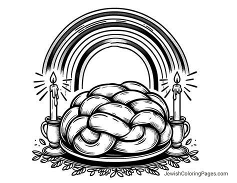 Shabbat Challah With Candles and Rainbow; Free Printable Coloring Page