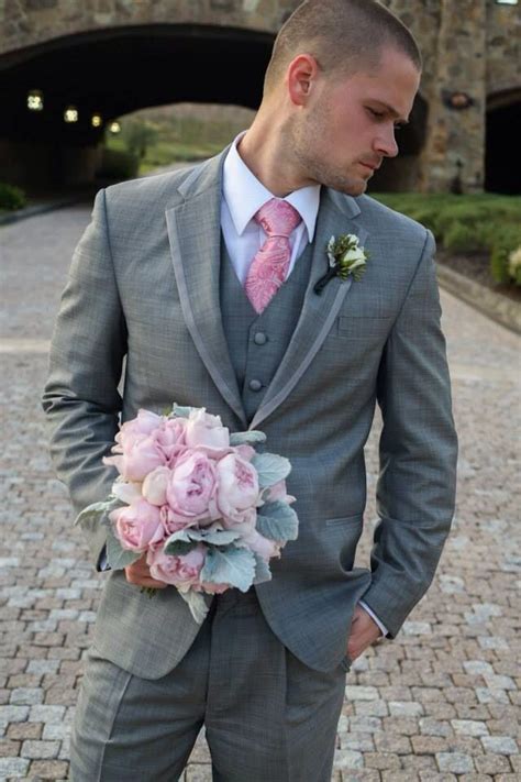 Groom Grey Suit Pink Bouquet Weddings Prom Outfits Couple Outfits
