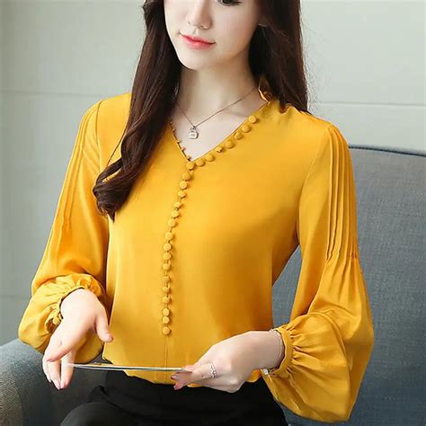 2018 Autumn New Arrival High Quality Fashion V Collar Long Sleeve Woman Chiffon Blouse In