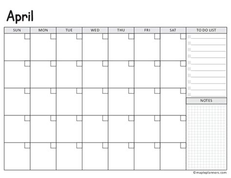 Free Undated Blank April Calendar Template
