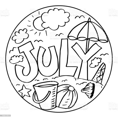 Fireworks, barbeque, ice cream, red, white, and blue. July Coloring Pages For Kids Stock Illustration - Download ...