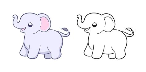 Cute Baby Elephant Cartoon Outline Illustration Set Easy Animal
