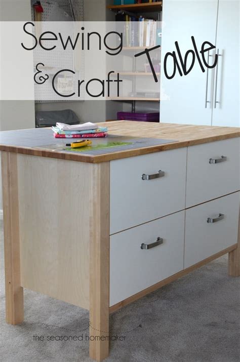 Ana white will show you how to make your own modern craft table!lots of storage, tons of workspace on top, and there is a spot for two counter stools at the opposite ends of the table so kids can have their own spot to craft/color. New Sewing and Craft Table - The Seasoned Homemaker