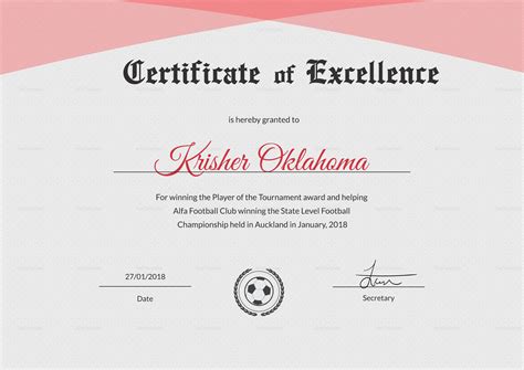 Football Excellence Award Certificate Design Template In Psd Word