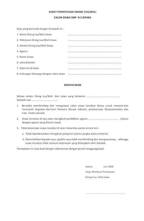 Pdf Surat Pernyataan Orang Tuawali Calon Siswa Smp N 2 · 2020 6
