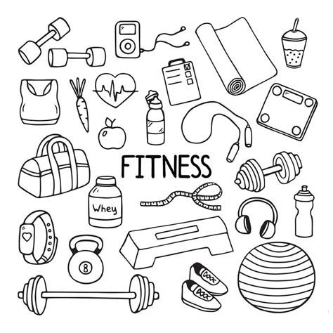 Fitness Doodles Set Sketch Of Sport Equipment With Scales Barbell