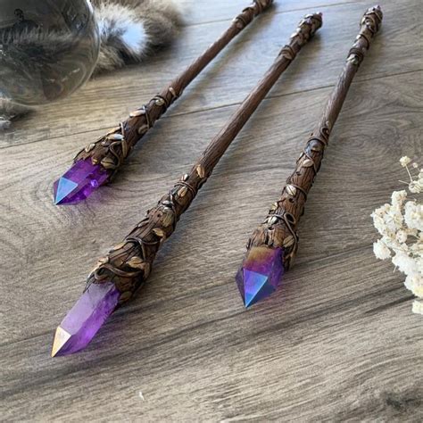 dark crystal wand purple and gold wand hand carved magic etsy wicca wand magical jewelry