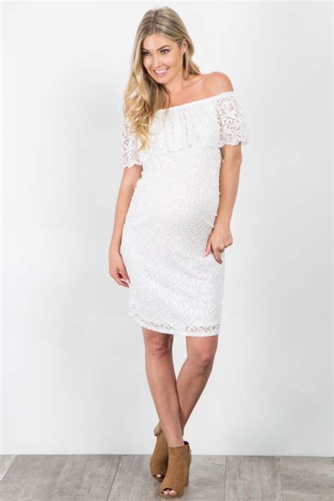 White Lace Off Shoulder Fitted Maternity Dress White Lace Maternity