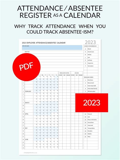 2023 Pdf Employee Attendance Absentee Calendartracker For Hr Etsy