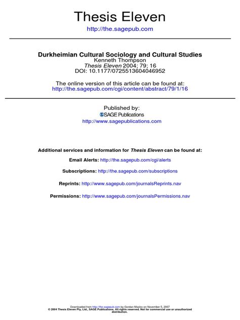 Thesis Eleven Durkheimian Cultural Sociology And Cultural Studies