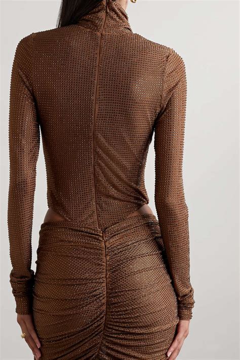 Laquan Smith Crystal Embellished Stretch Tulle Turtleneck Bodysuit