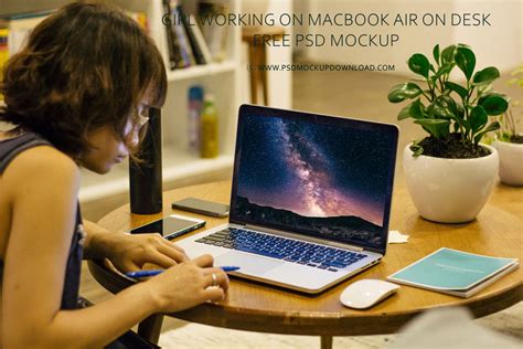 girl working  macbook air  desk  mockup psd mockup