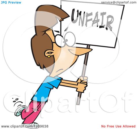 Cartoon Of A Picketing Caucasian Woman Carrying An Unfair Sign