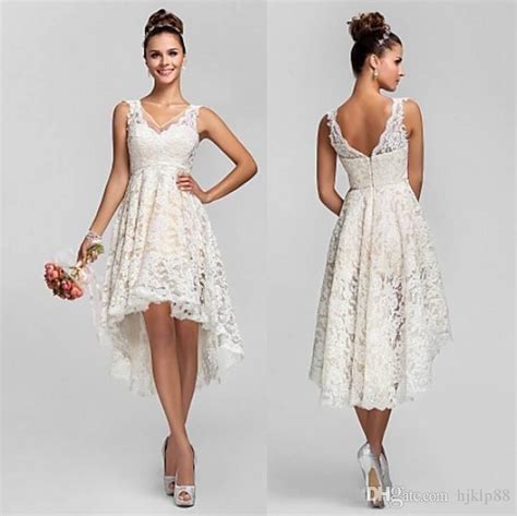 2017 V Neck Full Lace High Low Wedding Dresses Sleeveless Summer Beach Bridal Gowns Hi Lo Cheap