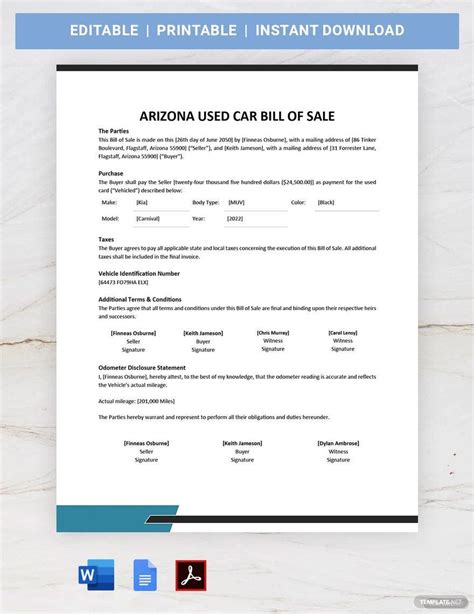 Arizona Used Car Bill Of Sale Template In Word PDF Google Docs