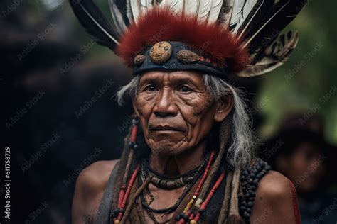 Portrait Of Indigenous Tribe Man Traditional Indian With Painted Faces
