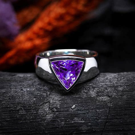 Amethyst Trillion Cut Sterling Silver Handamde Mens Ring