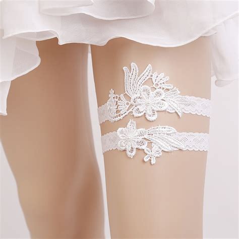 White Lace Embroidery Floral Beading Sexy Wedding Garters 2pcs Set For