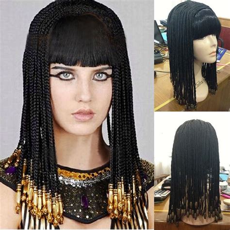 nile egyptians cleopatra womens costume wig black long straight curly full wigs… maquillaje