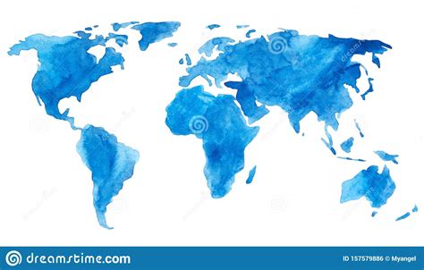 Watercolor Paint Blue World Map Isolated On White For Your Design Stock