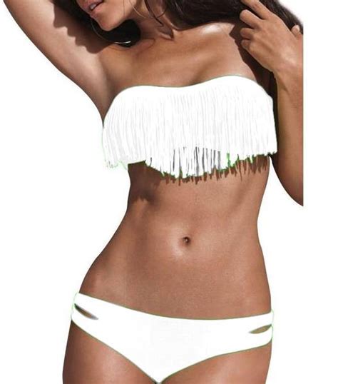 Damen Weiss Push Up Fransen Neckholder Bikini Set Cup Bandeau Badeanzug