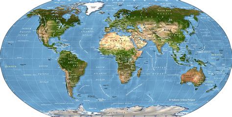 Physical World Map Maps Continents Oceans Countries Cities