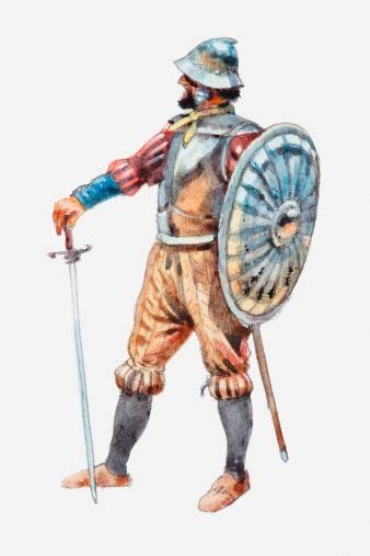 Illustration Of Spanish Conquistador Holding Shield And Sword Spanish