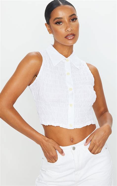 white cotton shirred crop sleeveless shirt prettylittlething usa