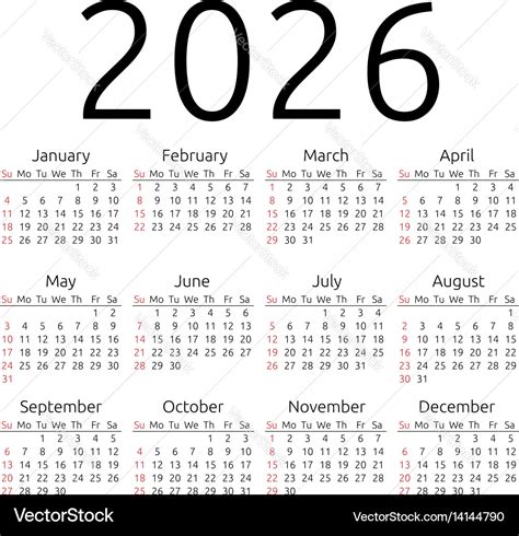 Calendar 2026 Sunday Royalty Free Vector Image