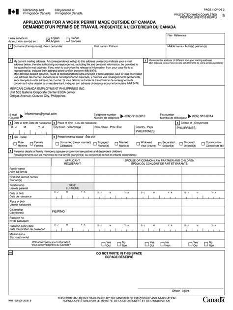 2005 form canada imm 1295 b fill online printable fillable blank pdffiller