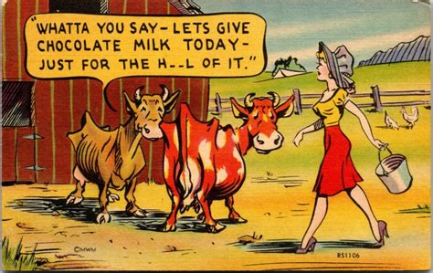 Vintage S Risque Girl Chocolate Milk Cows Farm Joke Funny Comic Postcard Ephemera