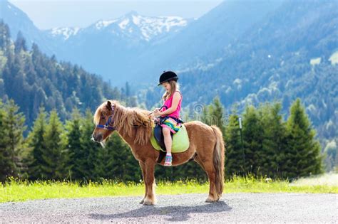 Kids Riding Pony Child On Horse In Alps Mountains Stock Image Image