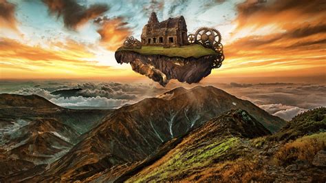 mountains building engine gears steampunk  hd wallpapers