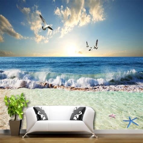 Custom Wall Mural Sea Beach Sea Water Seagull Sky Background Wall Tv