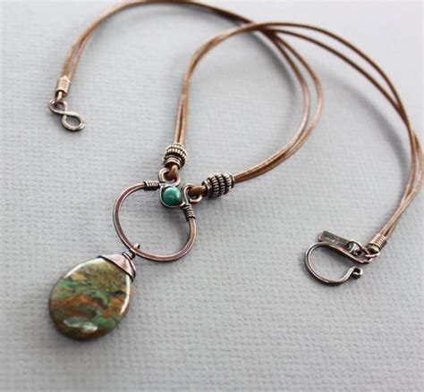 Copper With Leather Necklace With Earthy Turquoise With Hints Etsy