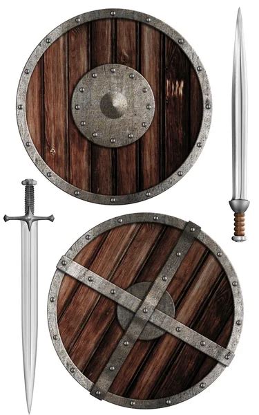 Two Crossed Swords And Wooden Viking Shield Isolated — Stock Photo