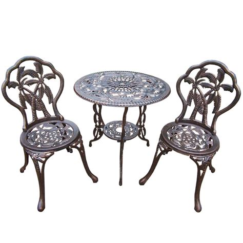 Tiny bistro tables and and compact chairs are eminently more practical for outdoors than big hulking monster pieces, because you can easily carry them from. Unbranded Palm Tree 3-Piece Cast Metal Bistro Set with 26 ...