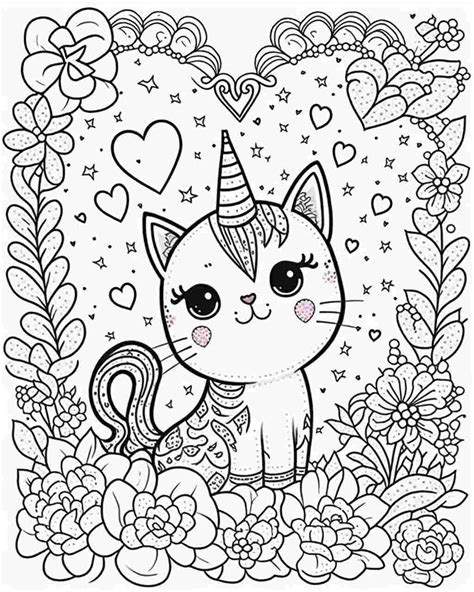 Cute Cat Unicorn In Flowers Coloringfunhouse