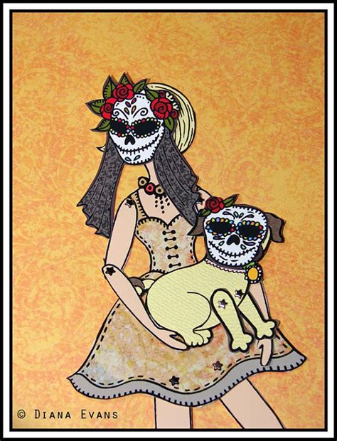 Dia De Los Muertos Paper Doll And Her Pug Illustration Art Pugs