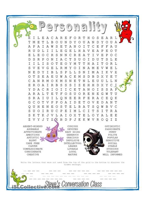 A smaller benefit of a word search for kids is working on reading skills. Personality - Hidden Message WordSearch | Ingles